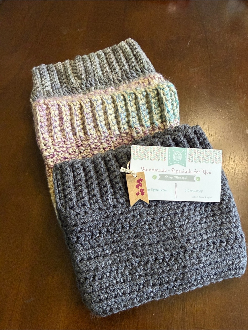 Handmade Knit boot sock cuffs 2 Gray and 1 Multicolor